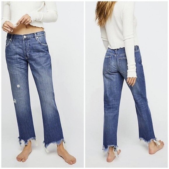 Free People We The Free Maggie Mid-Rise Straight Leg Jeans Distressed Cutoff 28 - Picture 2 of 9